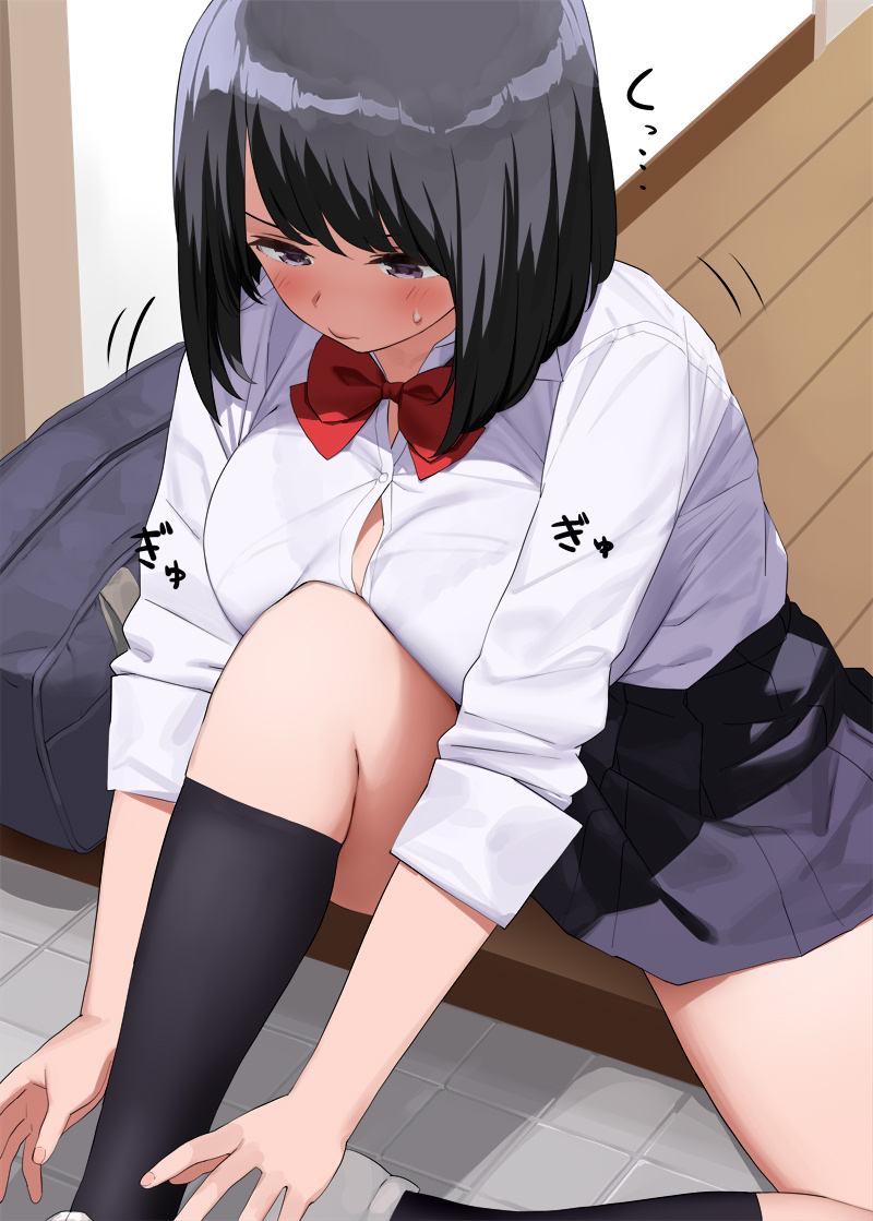 1girl bag bangs black_hair black_skirt blush bra_through_clothes breast_press breasts button_gap closed_mouth collared_shirt commentary_request grey_eyes kaisen_chuui kneehighs large_breasts original pleated_skirt putting_on_shoes red_neckwear school_bag school_uniform shirt short_hair sitting skirt solo speech_bubble tile_floor tiles white_footwear white_shirt