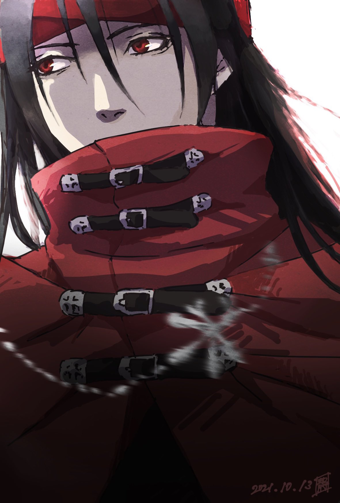 1boy 49lain black_hair cloak covered_mouth final_fantasy final_fantasy_vii headband highres keychain long_hair looking_to_the_side messy_hair pale_skin red_eyes vincent_valentine white_background