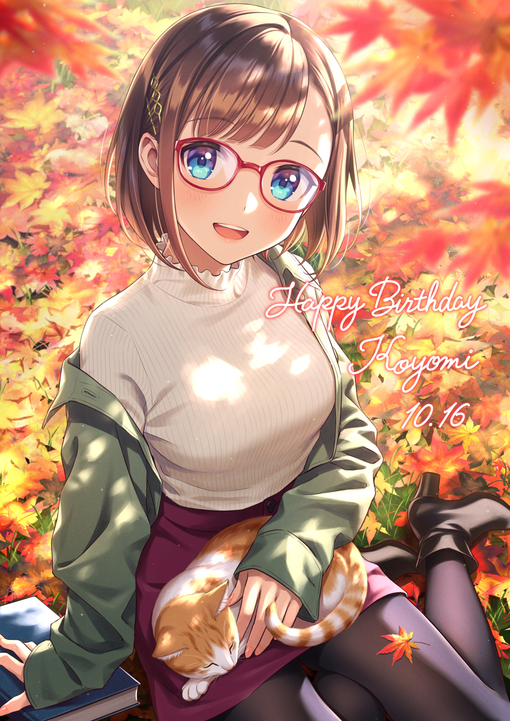 1girl animal autumn autumn_leaves black_legwear blue_eyes blush book breasts brown_hair cat commentary_request dated eyebrows_visible_through_hair glasses green_jacket hair_ornament hairclip happy_birthday highres jacket leaf long_sleeves looking_at_viewer maple_leaf medium_breasts morikura_en open_mouth original pantyhose red-framed_eyewear short_hair smile solo sweater white_sweater