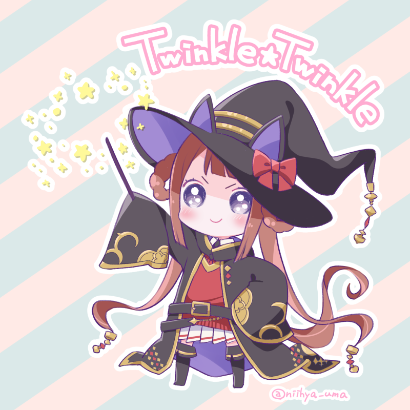 1girl animal_ear_headwear belt belt_buckle black_footwear blue_background blush boots bow brown_hair buckle chibi commentary_request english_text full_body hair_rings hat hat_bow horse_tail long_hair long_sleeves mopiwo pink_background pleated_skirt red_shirt robe shirt skirt sleeves_past_wrists smile solo standing star_(symbol) sweep_tosho_(umamusume) tail twitter_username two-tone_background umamusume v-shaped_eyebrows wand wide_sleeves witch_hat