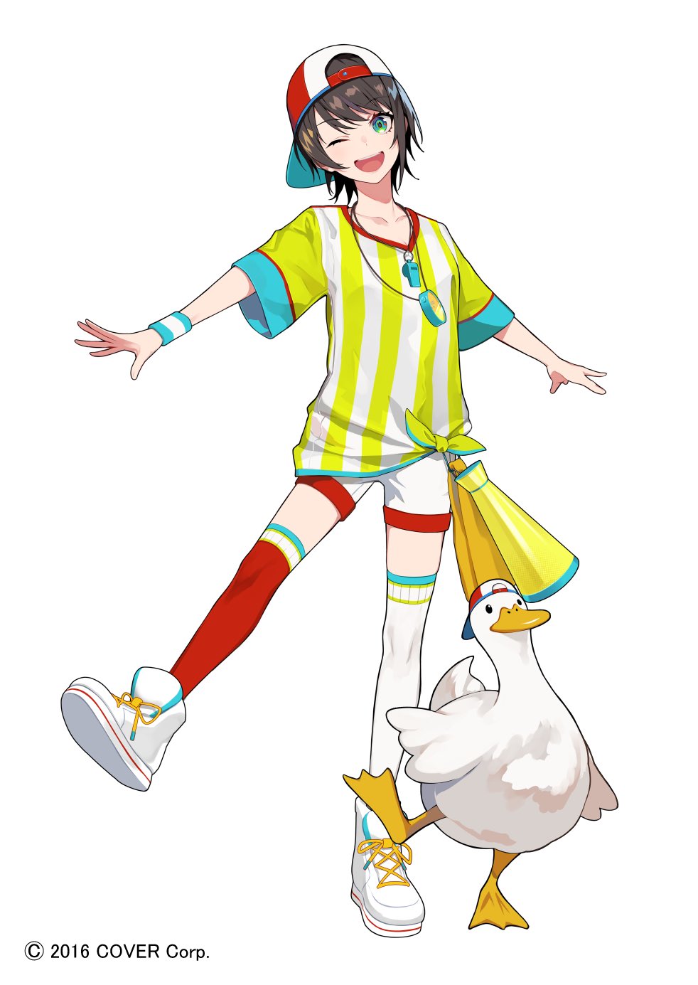 1girl ;d asymmetrical_legwear backwards_hat bangs baseball_cap bird black_hair blue_eyes breasts commentary cross-laced_footwear duck eyebrows_visible_through_hair full_body hat highres hololive lam_(ramdayo) looking_at_viewer megaphone mismatched_legwear official_art one_eye_closed oozora_subaru open_mouth outstretched_arms red_legwear shirt shoes short_hair short_shorts shorts simple_background small_breasts smile sneakers solo standing standing_on_one_leg stopwatch stopwatch_around_neck striped striped_shirt subaru_duck sweatband swept_bangs thigh-highs tied_shirt vertical-striped_shirt vertical_stripes virtual_youtuber watch watermark whistle whistle_around_neck white_background white_footwear white_legwear white_shorts yellow_shirt zettai_ryouiki