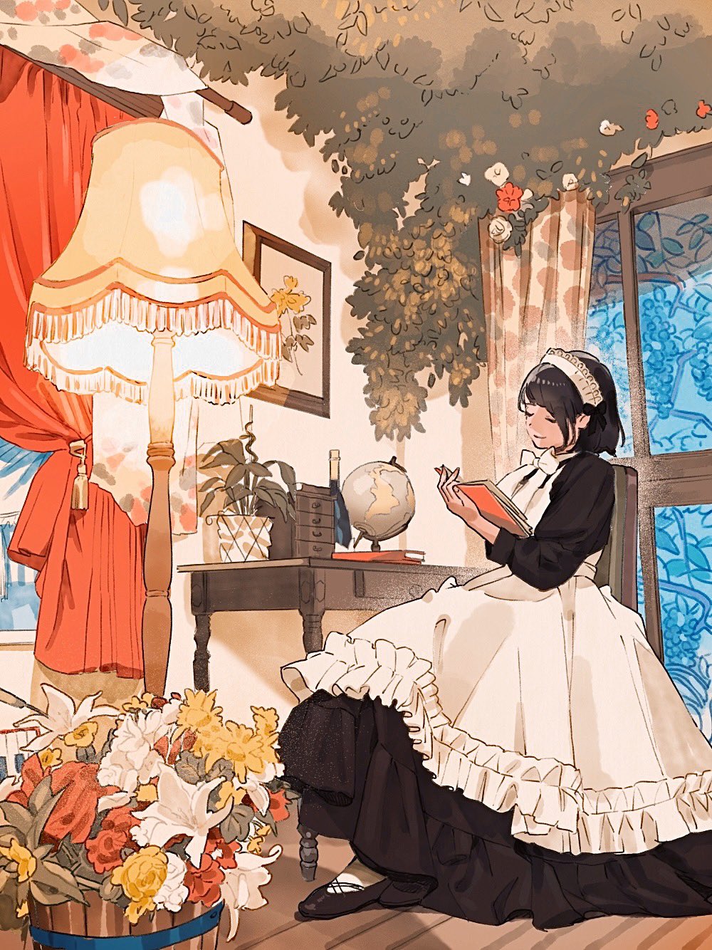 1girl apron black_dress black_footwear black_hair book bow bucket chair closed_eyes closed_mouth commentary_request curtains desk drawer dress flower full_body globe highres holding holding_book indoors lamp leaf long_dress long_sleeves maid maid_apron maid_headdress meido-fuku_ga_mitai neck_ribbon open_book original painting_(object) photo-referenced plant potted_plant ribbon short_hair sitting smile solo white_bow window