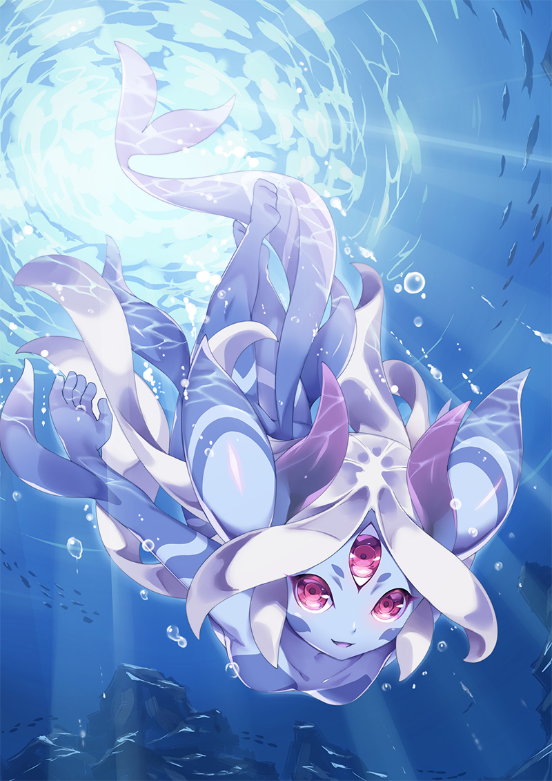 1girl blue_skin breasts bubble choujuu_giga_gao_road clioneia colored_skin diving full_body horns looking_at_viewer monster_girl multicolored multicolored_skin open_mouth red_eyes shiratama_dango small_breasts solo sunlight tail tentacle_hair third_eye two-tone_skin underwater white_hair