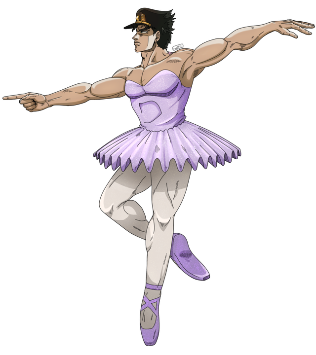angry armpits arms_up ballerina bare_arms bare_shoulders black_hair blue_eyes dress foot_up frown hat jojo_no_kimyou_na_bouken knee_up kujo_jotaro muscular muscular_male outstretched_arms pointing purple_dress purple_footwear skirt spread_arms standing standing_on_one_leg what white_background