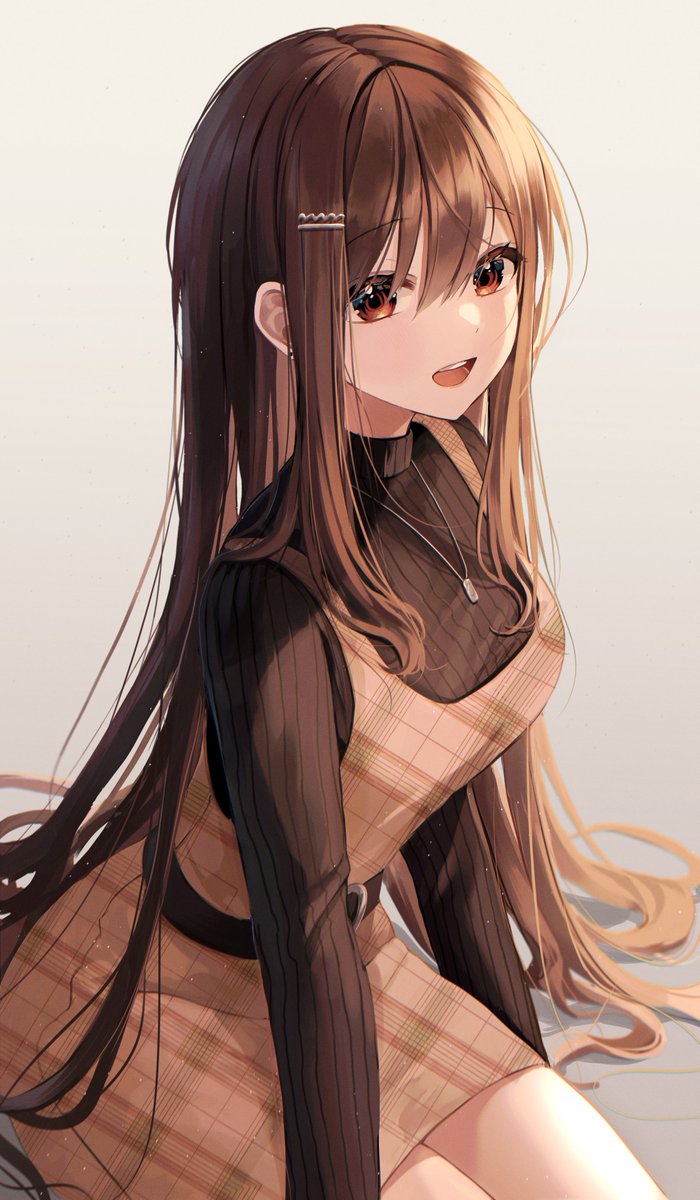 1girl apron bangs eyebrows_visible_through_hair hair_between_eyes hair_strand highres jewelry long_hair long_sleeves looking_at_viewer myowa necklace open_mouth original pink_lips portrait shiny shiny_hair shiny_lips sidelighting sidelocks simple_background smile solo sweater turtleneck