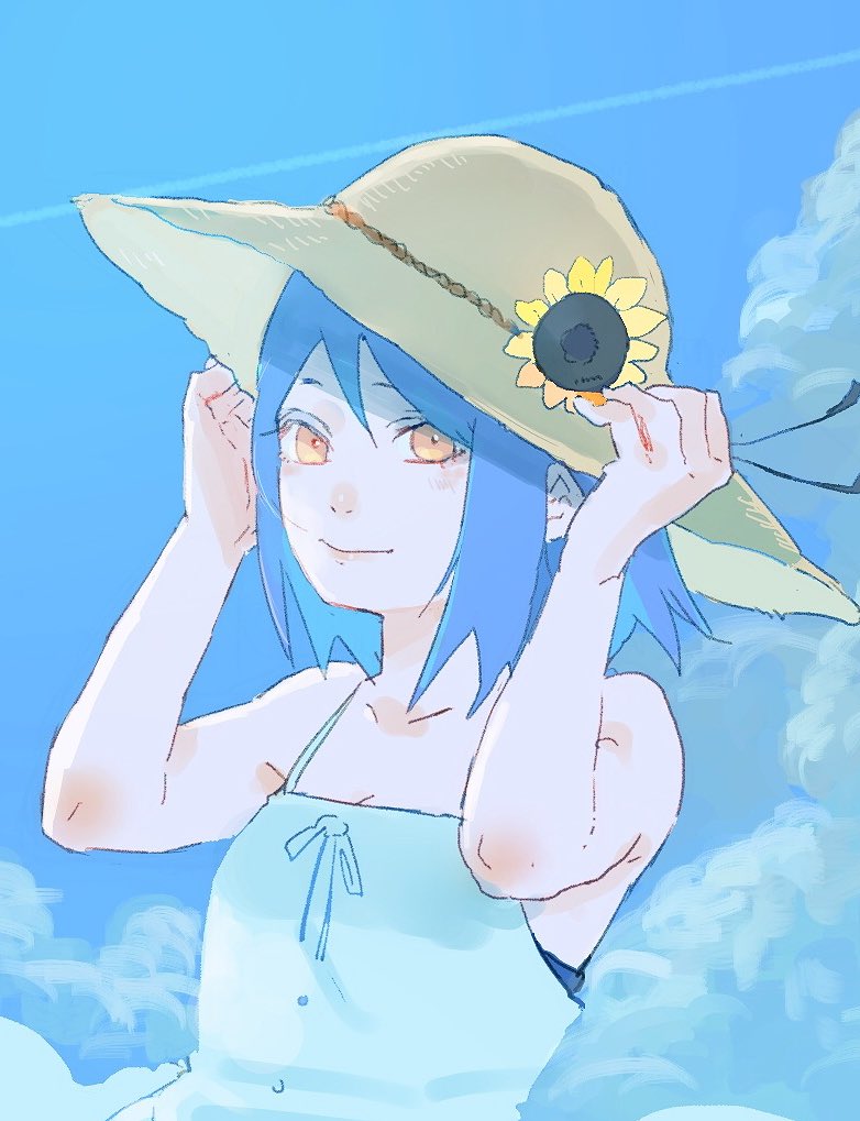 1girl bangs blue_hair blue_sky closed_eyes clouds commentary_request day dress flower hands_on_headwear hat hat_flower hat_ribbon konan_(naruto) looking_at_viewer meitarou naruto_(series) naruto_shippuuden orange_eyes outdoors ribbon sky sleeveless sleeveless_dress smile solo straw_hat sun_hat sundress sunflower upper_body yellow_flower yellow_headwear younger