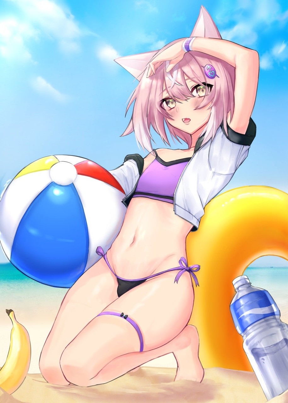 1boy animal_ears aube banana bangs beach bikini blush bottle bulge cat_ears food fruit grey_eyes hair_between_eyes highres innertube looking_at_viewer male_focus navel open_mouth original otoko_no_ko outdoors pink_hair sand solo swimsuit water water_bottle