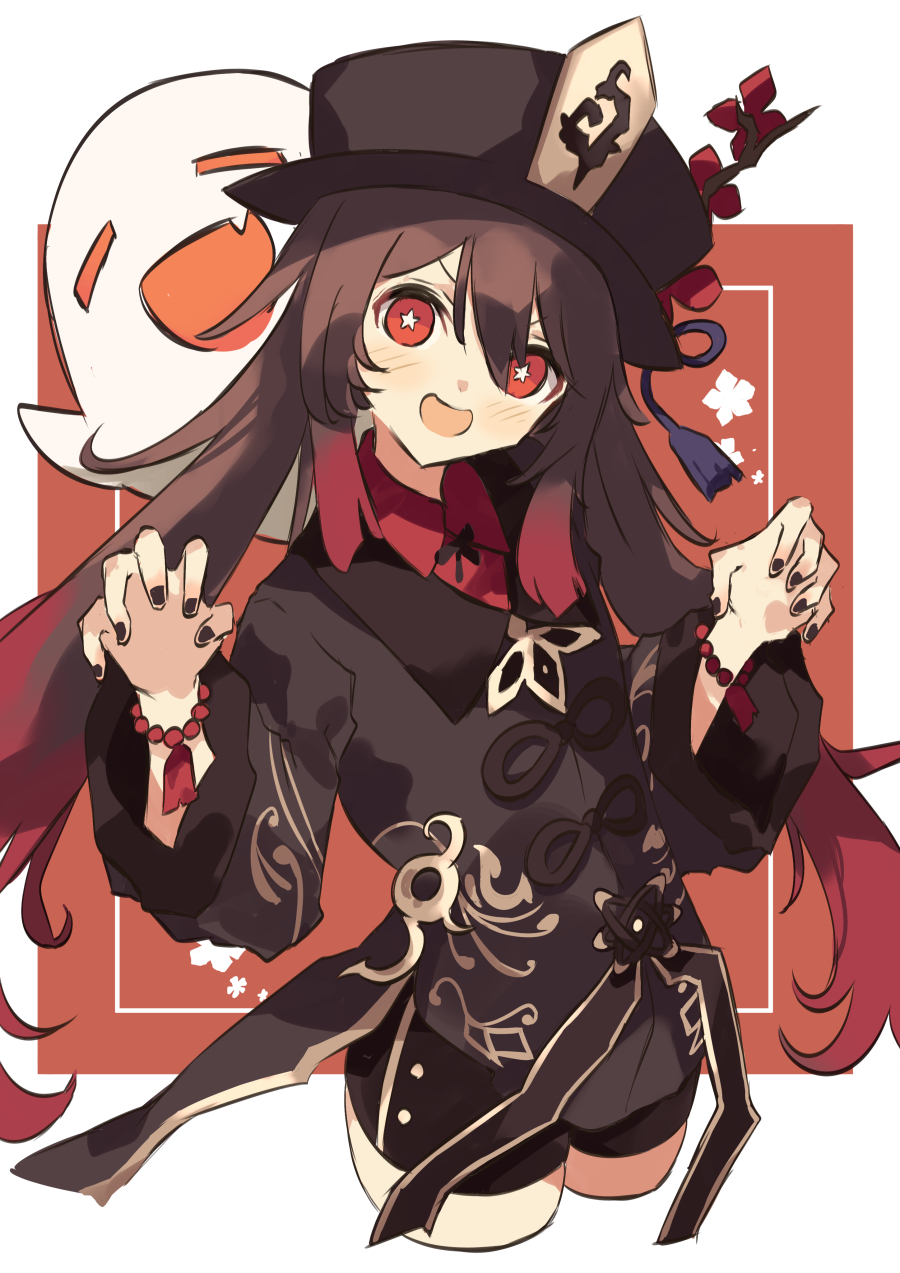 1girl :d bangs black_nails bracelet brown_hair brown_headwear brown_jacket brown_shorts claw_pose cropped_legs flower genshin_impact ghost gradient_hair hat hat_flower highres hu_tao_(genshin_impact) jacket jewelry kiva_(kiba029) long_hair long_sleeves multicolored_hair open_mouth plum_blossoms red_background red_eyes red_shirt shirt shorts sidelocks smile solo star-shaped_pupils star_(symbol) symbol-shaped_pupils talisman twintails two-tone_background very_long_hair white_background