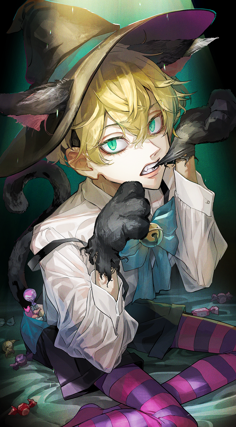 1boy animal_hands aqua_eyes bangs black_hair black_shorts blonde_hair blue_neckwear blue_ribbon candy cat_boy cat_paws collared_shirt dress_shirt feet_out_of_frame food hair_between_eyes hat highres lollipop looking_at_viewer male_focus matsuno_chifuyu miyuki_nknk neck_ribbon purple_legwear ribbon shirt short_hair shorts solo suspenders teeth tokyo_revengers undercut white_shirt wizard_hat