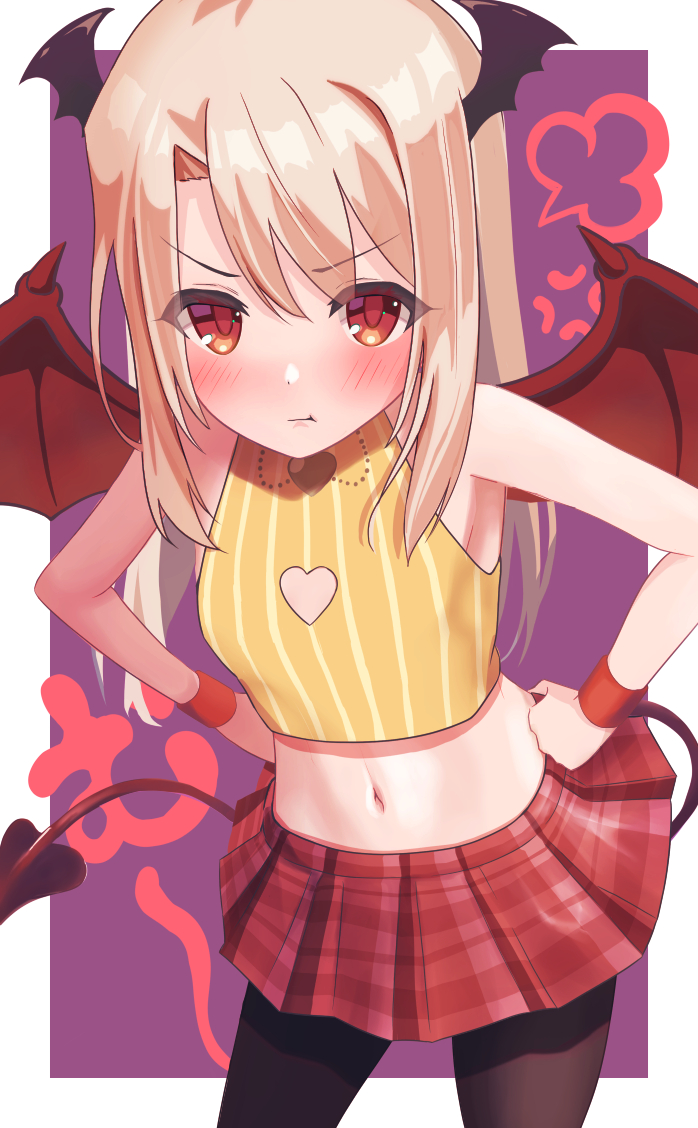 1girl bangs bare_shoulders blonde_hair blush breasts brown_legwear crop_top demon_tail demon_wings fate/kaleid_liner_prisma_illya fate_(series) hair_between_eyes hands_on_hips head_wings illyasviel_von_einzbern long_hair looking_at_viewer midriff navel pan_korokorosuke pantyhose pout red_eyes red_skirt shirt sidelocks skirt sleeveless sleeveless_shirt small_breasts tail thighs wings wristband yellow_shirt