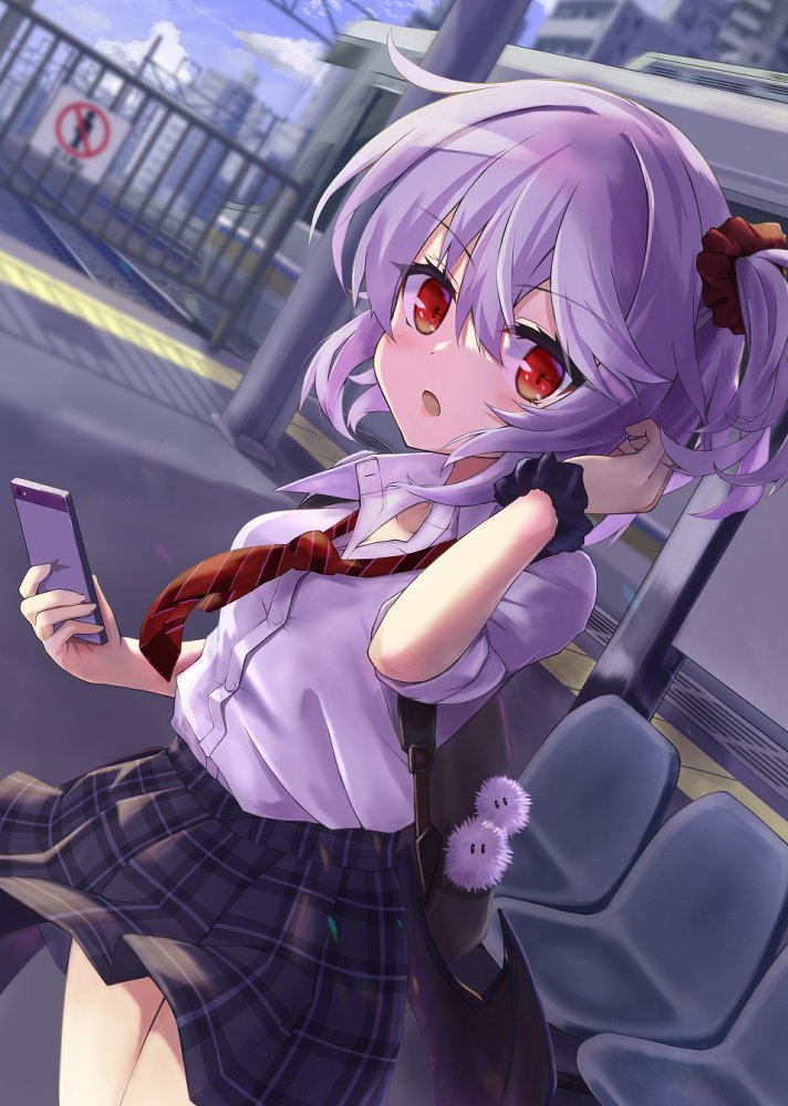 1girl akisome_hatsuka alternate_costume arm_up bag bangs black_skirt blush breasts charm_(object) checkered checkered_skirt collared_shirt commentary_request fang hair_ornament hair_scrunchie kedama_(touhou) looking_at_viewer medium_breasts necktie open_mouth phone platform purple_hair red_neckwear red_scrunchie remilia_scarlet school_uniform scrunchie shirt short_hair short_sleeves side_ponytail skirt solo standing striped striped_neckwear touhou upper_body white_shirt wing_collar