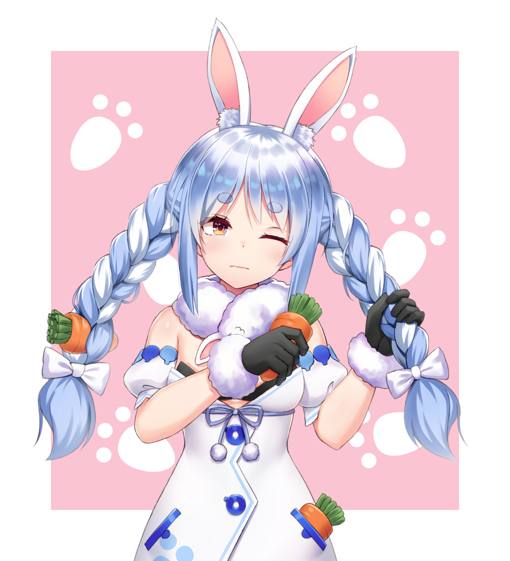 1girl animal_ears bangs bare_shoulders black_gloves black_leotard blue_hair braid breasts carrot_hair_ornament clothing_cutout coat detached_sleeves food-themed_hair_ornament fur-trimmed_gloves fur_scarf fur_trim gloves hair_ornament hikimayu hololive leotard leotard_under_clothes long_hair multicolored_hair one_eye_closed orange_eyes pink_background puffy_short_sleeves puffy_sleeves rabbit_ears rabbit_girl scarf shoron short_eyebrows short_sleeves small_breasts solo strapless strapless_coat strapless_leotard swept_bangs thick_eyebrows twin_braids twintails two-tone_hair tying_hair underboob_cutout usada_pekora virtual_youtuber white_coat white_hair white_scarf white_sleeves