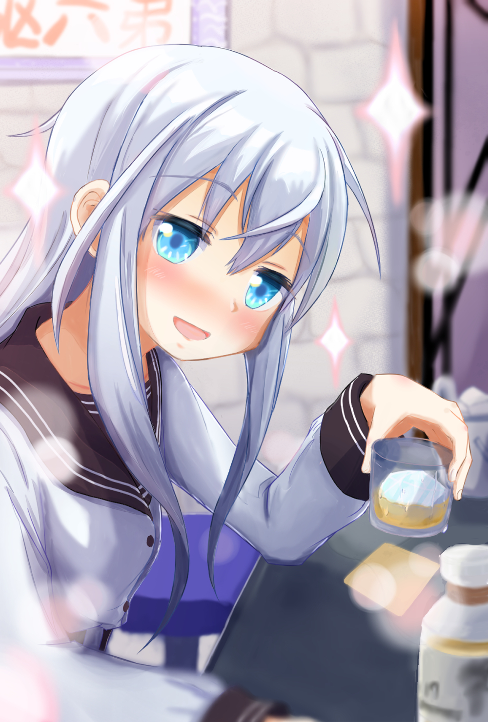 1girl black_sailor_collar blue_eyes blush bottle commentary_request cup dress_shirt drink eyebrows_visible_through_hair hibiki_(kancolle) highres holding holding_cup ice kantai_collection long_hair noname7742 open_mouth sailor_collar shirt smile solo sparkle upper_body verniy_(kancolle) white_hair white_shirt