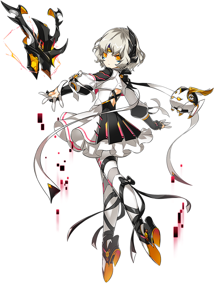 1girl android artist_request backless_outfit black_ribbon bow code:_failess_(elsword) earpiece electricity elsword expressionless facial_mark finger_cots floating forehead_jewel frills full_body leg_ribbon looking_at_viewer moby_(elsword) official_art open_hand orange_eyes outstretched_arms pink_trim remy_(elsword) ribbon short_hair silver_hair white_ribbon