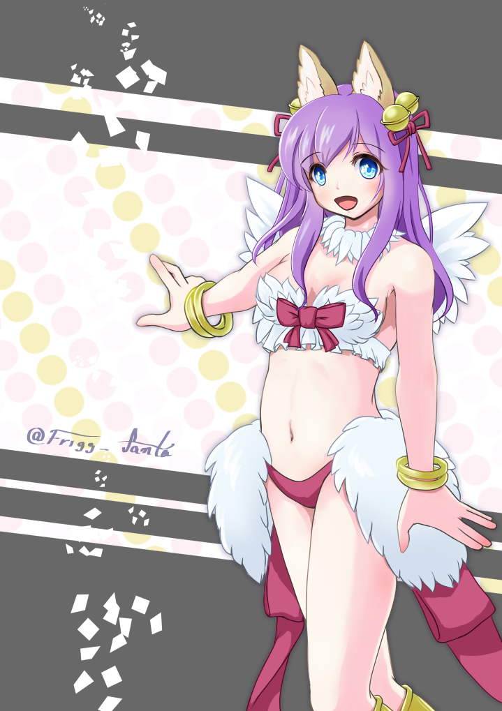 1girl animal_ears bangle bangs bell bikini blue_eyes blush bow bracelet breasts commentary_request eyebrows_visible_through_hair feathered_wings feet_out_of_frame fox_ears frigg_fanta hair_bell hair_ornament hair_ribbon jewelry jingle_bell large_bow long_hair looking_at_viewer medium_breasts mismatched_bikini open_mouth purple_hair ragnarok_online red_bikini red_bow red_ribbon ribbon smile solo strapless strapless_bikini swimsuit twitter_username wanderer_(ragnarok_online) white_bikini white_wings wings