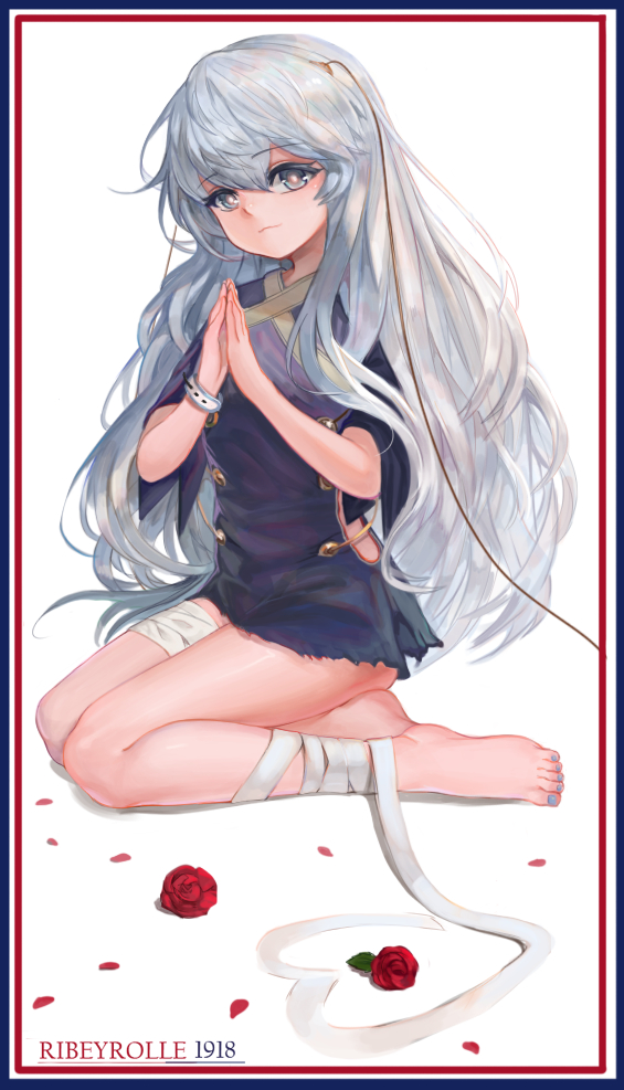 1girl bandaged_leg bandages bangs barefoot blue_dress blue_eyes border bracelet character_name commentary_request dokomon dress eyebrows_visible_through_hair flower full_body girls_frontline hair_between_eyes jewelry korean_commentary legs long_hair looking_at_viewer nail_polish own_hands_together ribeyrolles_(girls'_frontline) rose sitting smile solo white_background white_hair yokozuwari