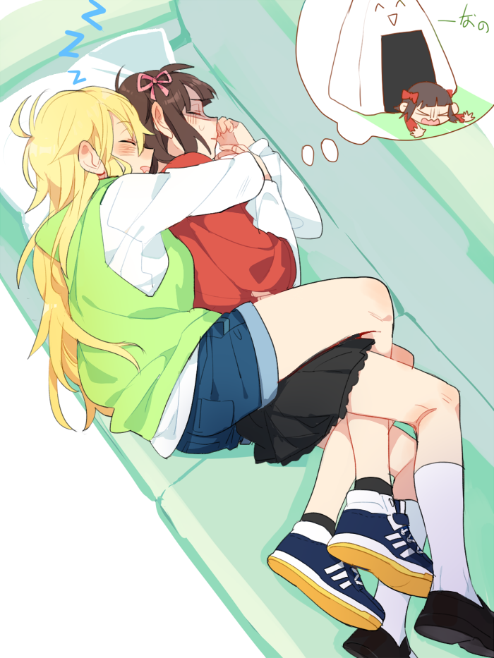 &gt;_&lt; 2girls ^_^ ahoge amami_haruka ankle_socks bangs between_legs between_thighs black_legwear black_skirt blonde_hair blue_footwear blunt_bangs blush bow brown_hair chibi closed_eyes closed_mouth couch cuddling d.y.x. d: denim denim_shorts dreaming drooling dx eyebrows_visible_through_hair facing_viewer food from_above full_body hair_bow hair_ribbon hands_up hood hood_down hoshii_miki hug hug_from_behind idolmaster indoors kneehighs leg_between_thighs loafers long_hair long_sleeves lying mouth_drool multiple_girls nightmare no_nose on_side on_stomach onigiri open_hands open_mouth oversized_food parted_lips pillow pink_ribbon pleated_skirt profile red_bow ribbon shaded_face shoe_soles shoes short_hair shorts skirt sleeping smile sneakers socks spooning sweat thought_bubble turn_pale two-tone_footwear wavy_mouth white_legwear yuri zzz