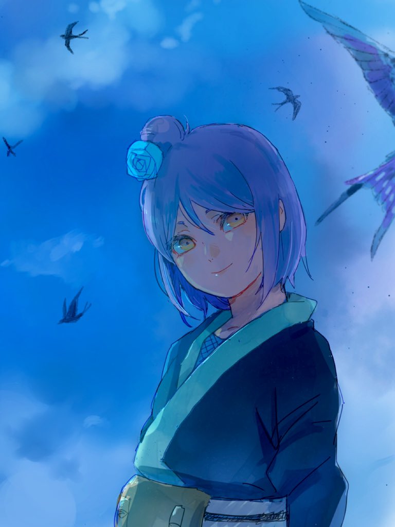 1girl bird closed_mouth clouds commentary_request eyeshadow fishnets flower hair_bun hair_flower hair_ornament head_tilt konan_(naruto) long_sleeves looking_at_viewer makeup meitarou naruto_(series) naruto_shippuuden ninja orange_eyes outdoors purple_hair short_hair sky smile solo younger