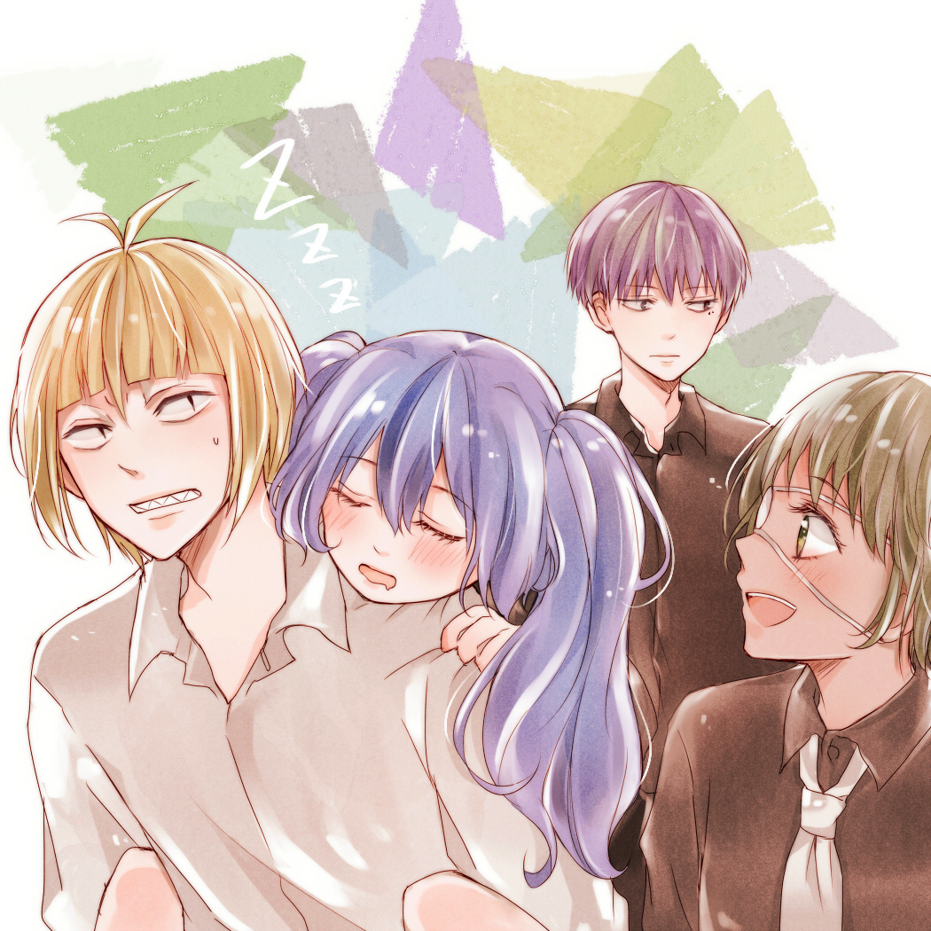 2boys 2girls :d antenna_hair bangs black_shirt blonde_hair blue_background blunt_bangs blush brown_shirt carrying closed_eyes collared_shirt eyebrows_visible_through_hair eyepatch green_background grey_shirt mole mole_under_eye multiple_boys multiple_girls mutsuki_tooru necktie open_mouth piggyback profile sharp_teeth shiny shiny_hair shirazu_ginshi shirt short_hair sleeping smile sweatdrop teeth tokyo_ghoul tokyo_ghoul:re toukaairab twintails upper_body upper_teeth urie_kuki yonebayashi_saiko zzz