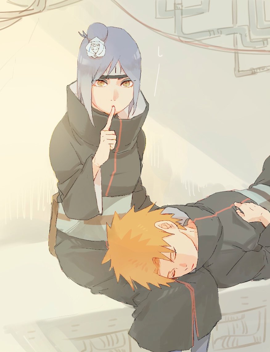 1boy 1girl amegakure_symbol closed_eyes commentary_request finger_to_mouth flower forehead_protector hair_bun hair_flower hair_ornament high_collar konan_(naruto) lap_pillow long_sleeves looking_at_viewer meitarou naruto_(series) naruto_shippuuden orange_eyes orange_hair purple_hair short_hair sleeping sleeping_on_person yahiko_(naruto)