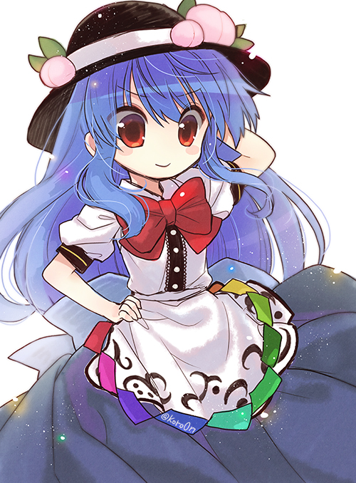 1girl apron back_bow bangs biyon black_headwear blue_hair blue_skirt bow bowtie closed_mouth commentary_request food fruit hand_on_hip hand_up hat hat_ornament hinanawi_tenshi long_hair peach red_eyes red_neckwear shirt short_sleeves simple_background skirt smile solo touhou twitter_username upper_body white_background white_shirt