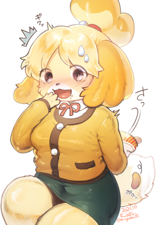 1girl :3 ^^^ animal_crossing animal_ears animal_nose arm_behind_back artist_name bag bangs blonde_hair blush body_fur breasts brown_eyes buttons caught chips collared_shirt commentary_request crumbs dated dog_ears dog_girl dog_tail embarrassed food food_on_face furry furry_female green_skirt hair_tie hand_to_own_mouth hand_up holding holding_bag isabelle_(animal_crossing) jacket kiichi_(ca0sf) long_sleeves looking_at_viewer making-of_available miniskirt motion_lines neck_ribbon nervous nervous_smile nose_blush open_mouth parted_bangs pencil_skirt plump pocket potato_chips red_neckwear red_ribbon ribbon shiny shiny_hair shirt short_hair signature simple_background sitting skirt small_breasts smile solo tail thick_thighs thighs tied_hair topknot translation_request twitter_username two-tone_fur white_background white_fur white_shirt wide-eyed wide_hips yellow_fur yellow_jacket