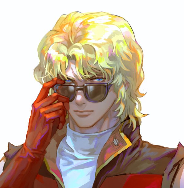 1boy blonde_hair blue_eyes char_aznable gloves gundam kim_yura_(goddess_mechanic) male_focus portrait quattro_vageena red_gloves scar scar_on_face solo sunglasses turtleneck zeta_gundam