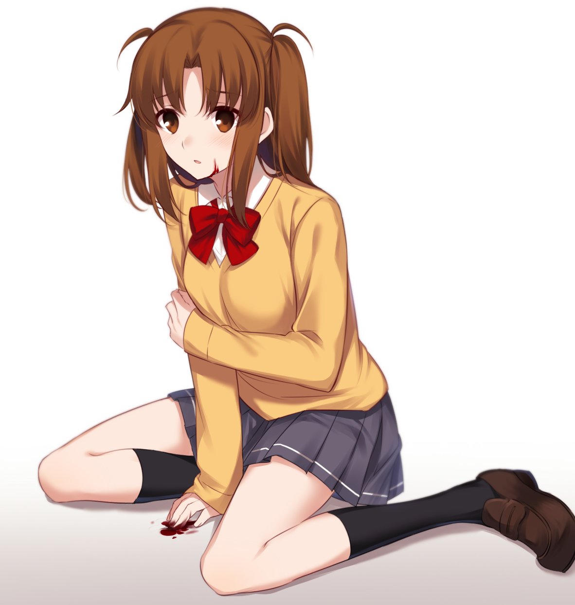 1girl bangs black_legwear blood blood_on_face blood_on_hands blush bow bowtie brown_eyes brown_footwear brown_hair cardigan collared_shirt commentary eyebrows_visible_through_hair grey_skirt hand_on_own_arm highres loafers long_hair long_sleeves looking_at_viewer low_twintails miniskirt nemu_mohu parted_bangs parted_lips pleated_skirt red_bow red_neckwear school_uniform shirt shoes sidelocks simple_background sitting skirt sleeves_past_wrists solo tsukihime tsukihime_(remake) twintails uniform white_background white_shirt yellow_cardigan yumizuka_satsuki
