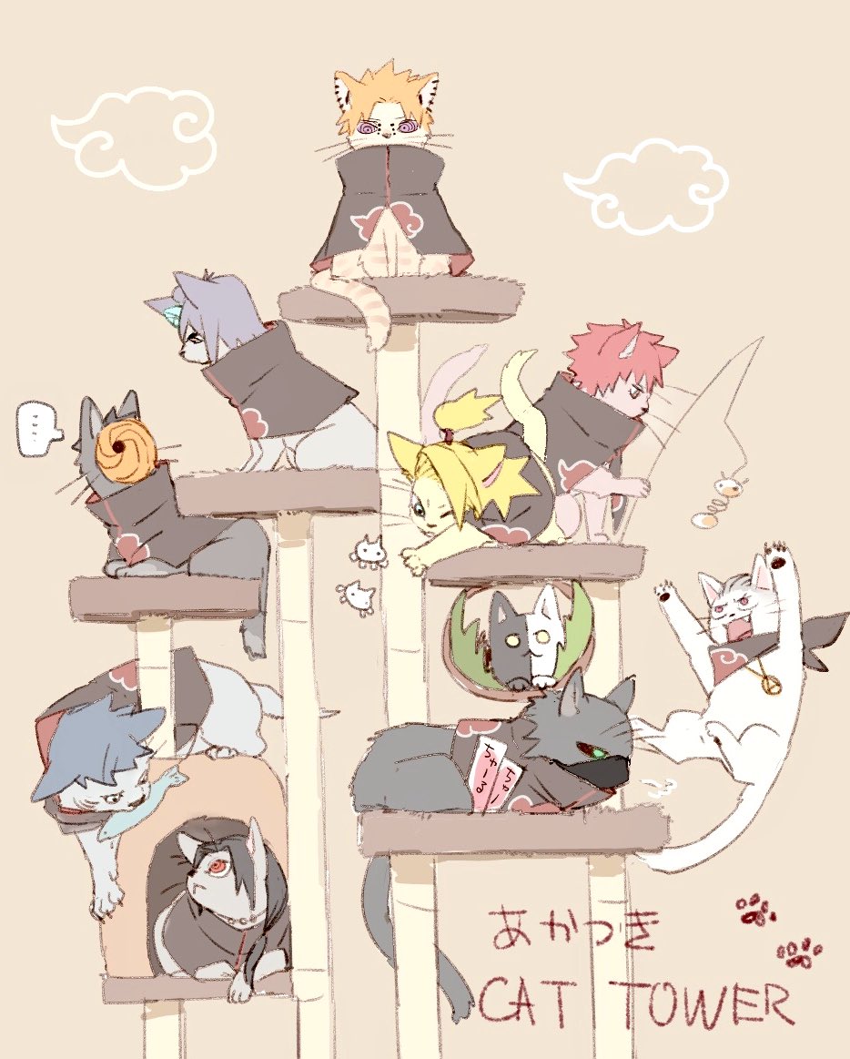 ... :3 akatsuki_(naruto) animal_focus animalization cat cat_tower commentary_request deidara_(naruto) fish fishing_rod hidan_(naruto) hoshigaki_kisame jumping kakuzu_(naruto) konan_(naruto) looking_at_another mask meitarou mouth_hold naruto_(series) naruto_shippuuden no_humans open_mouth pain_(naruto) paw_print rinnegan sasori_(naruto) sharingan tobi_(naruto) uchiha_itachi zetsu_(naruto)