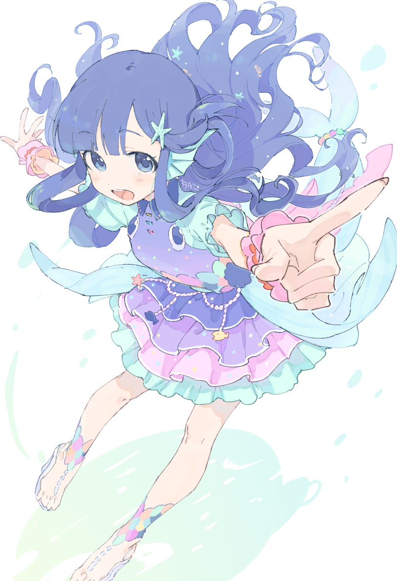 1girl asari_nanami bangs bare_legs blue_hair blunt_bangs dress fake_tail fish_tail frilled_cuffs frilled_dress frills head_fins idolmaster idolmaster_cinderella_girls idolmaster_cinderella_girls_starlight_stage layered_dress looking_at_viewer outstretched_arms platform_footwear pointing polka_dot polka_dot_dress round_teeth sandals sansaro_rii simple_background solo starfish_hair_ornament tail teeth wavy_hair white_background wrist_cuffs