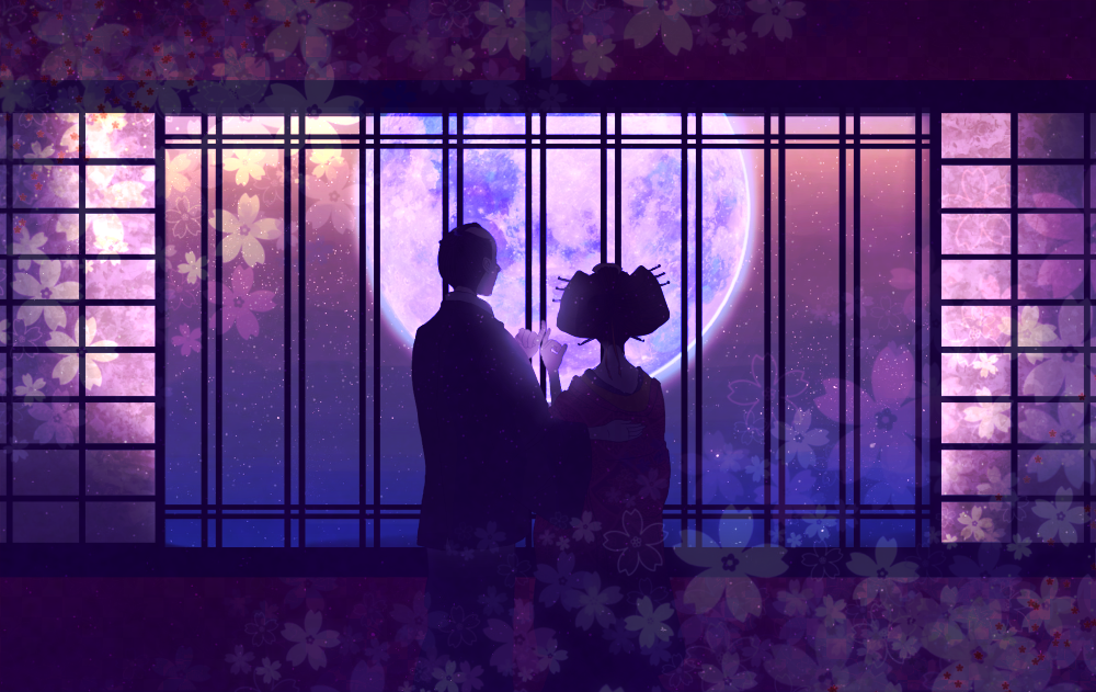 1boy 1girl couple courtesan floral_background from_behind full_moon gintama hair_ornament moon night night_sky oiran pinky_swear rotten_maizo silhouette sky suzuran_(gintama) tonsuke yuujo