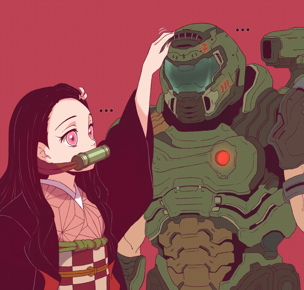 ... 1boy 1girl bit_gag black_hair commentary crossover doom_(2016) doom_(series) doom_eternal doomguy english_commentary eyelashes forehead gag hand_on_another's_head headpat helmet japanese_clothes kamado_nezuko kimetsu_no_yaiba kimono kukie-nyan long_hair looking_at_another obi pink_eyes pink_kimono pink_nails pink_ribbon power_armor praetor_suit red_background ribbon sash shoulder_cannon upper_body