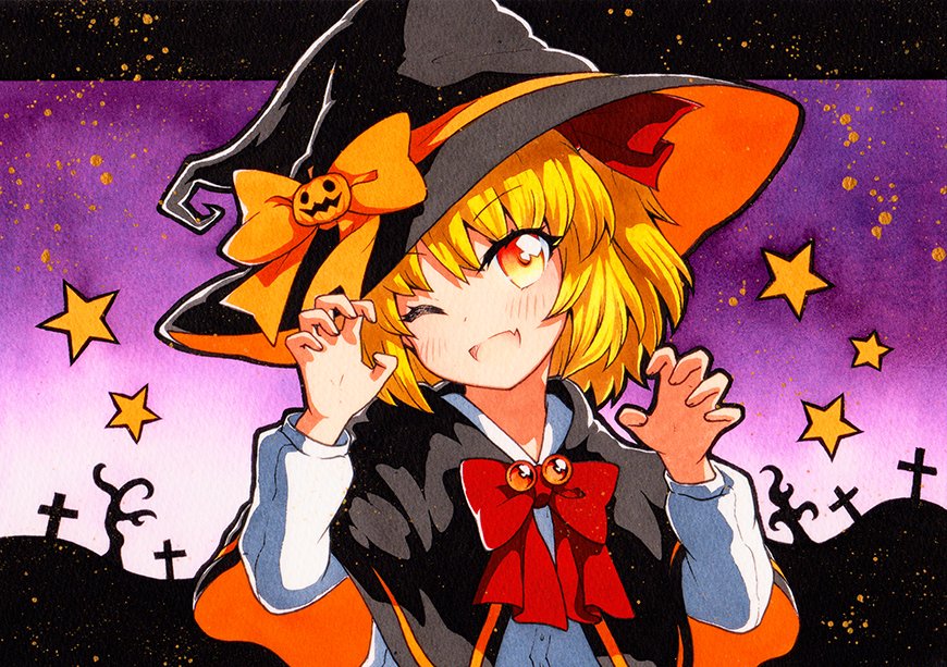 1girl bangs black_border black_cloak black_headwear blonde_hair blush border bow buttons cloak eyebrows_visible_through_hair gem gradient gradient_eyes gradient_sky hair_between_eyes hands_up hat hat_bow jewelry long_sleeves looking_at_viewer multicolored multicolored_eyes one_eye_closed open_mouth orange_bow pink_sky puffy_long_sleeves puffy_sleeves purple_sky qqqrinkappp red_bow red_eyes red_ribbon ribbon rumia shirt short_hair sky smile solo star_(symbol) touhou traditional_media upper_body white_shirt white_sky white_sleeves witch_hat yellow_ribbon