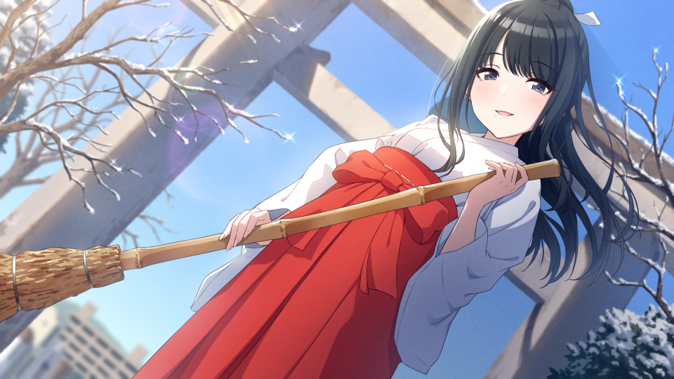 1girl :d amochin bamboo_broom bangs bare_tree black_eyes black_hair blue_sky blush bow broom commentary_request day dutch_angle eyebrows_visible_through_hair feet_out_of_frame hakama holding holding_broom idolmaster idolmaster_shiny_colors japanese_clothes kazano_hiori kimono lens_flare long_hair long_sleeves looking_at_viewer miko open_mouth outdoors ponytail red_bow red_hakama sky smile snow solo sparkle standing torii tree white_kimono wide_sleeves winter