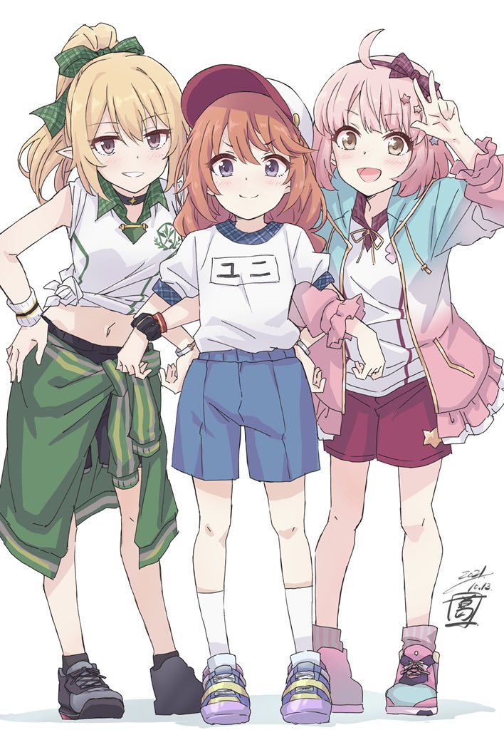 3girls ahoge artist_logo bangs blonde_hair chieru_(princess_connect!) chloe_(princess_connect!) clothes_around_waist collared_shirt commentary_request dated full_body gym_uniform hair_ornament hair_ribbon hairband hand_on_hip jacket locked_arms long_hair looking_at_viewer multiple_girls navel open_mouth orange_hair pink_hair pointy_ears ponytail princess_connect! ribbon scrunchie sekiya_kuzuyu shirt shoes short_hair shorts simple_background sleeves_rolled_up smile sneakers split_mouth standing star_(symbol) star_hair_ornament star_in_eye symbol_in_eye teeth tied_shirt v-shaped_eyebrows violet_eyes white_background wrist_scrunchie wristband yellow_eyes yuni_(princess_connect!)