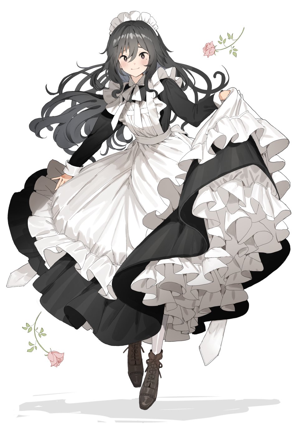 1girl apron bangs black_dress black_hair blush boots bright_pupils brown_footwear closed_mouth commentary_request commission cross-laced_footwear dress flower full_body highres lace-up_boots long_dress long_hair long_sleeves looking_at_viewer maid maid_apron maid_headdress meido-fuku_ga_mitai mole mole_under_eye original petticoat rose shadow sidelocks simple_background skeb_commission skirt_hold smile solo white_background white_legwear white_pupils