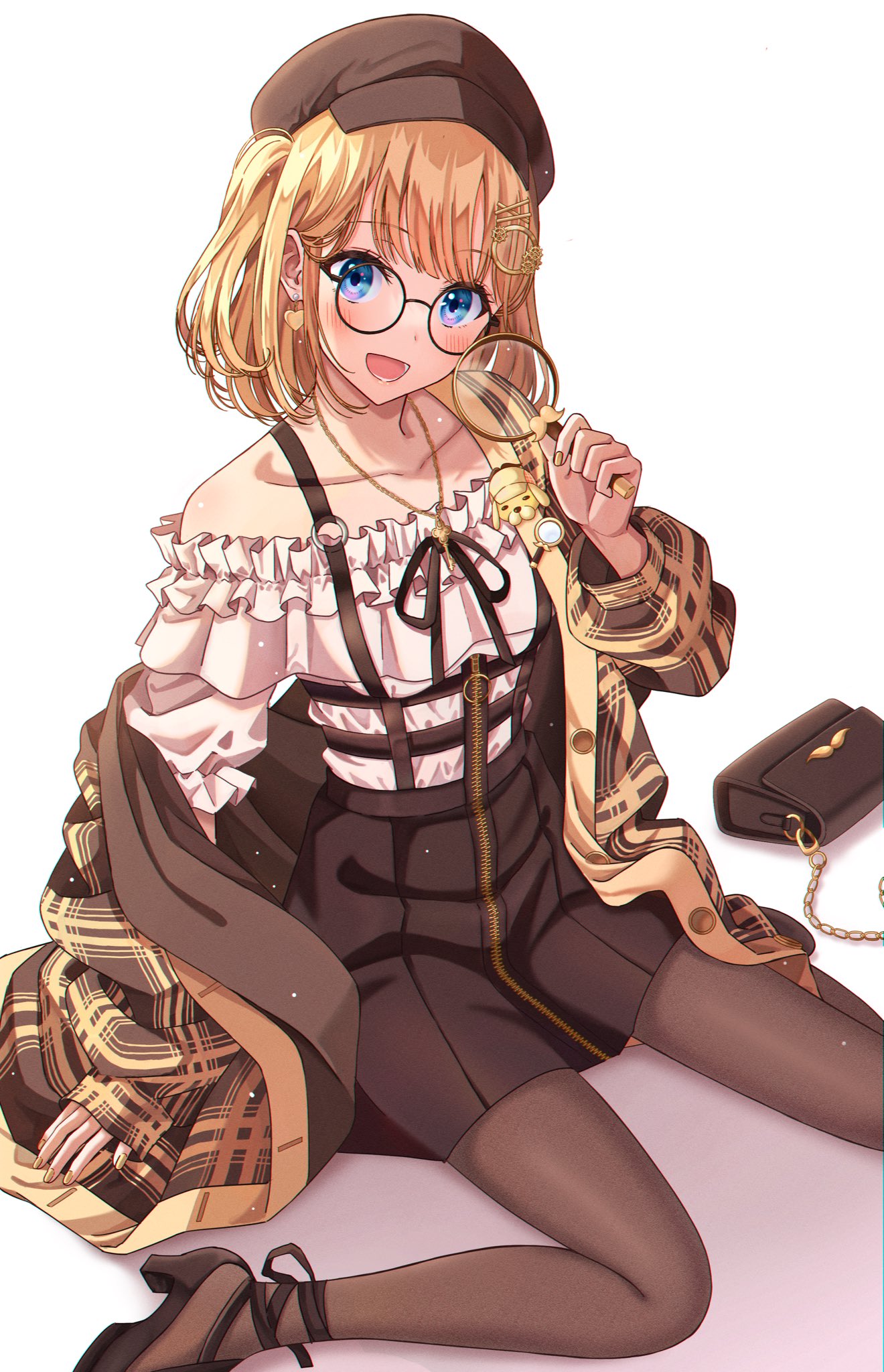 1girl bangs blonde_hair blue_eyes breasts detective glasses hair_ornament hat highres hololive hololive_english magnifying_glass medium_breasts monocle_hair_ornament ojyomu short_hair sitting skirt solo virtual_youtuber watson_amelia