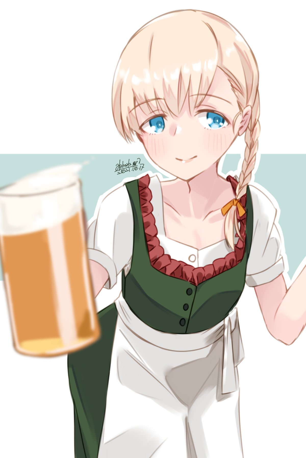 1girl alakoala alcohol apron beer beer_mug blonde_hair blue_eyes blush braid closed_mouth commentary cup dated dirndl dress eyebrows_visible_through_hair german_clothes green_dress highres holding holding_cup kantai_collection medium_hair mug shin'you_(kancolle) shirt signature smile solo white_apron white_shirt