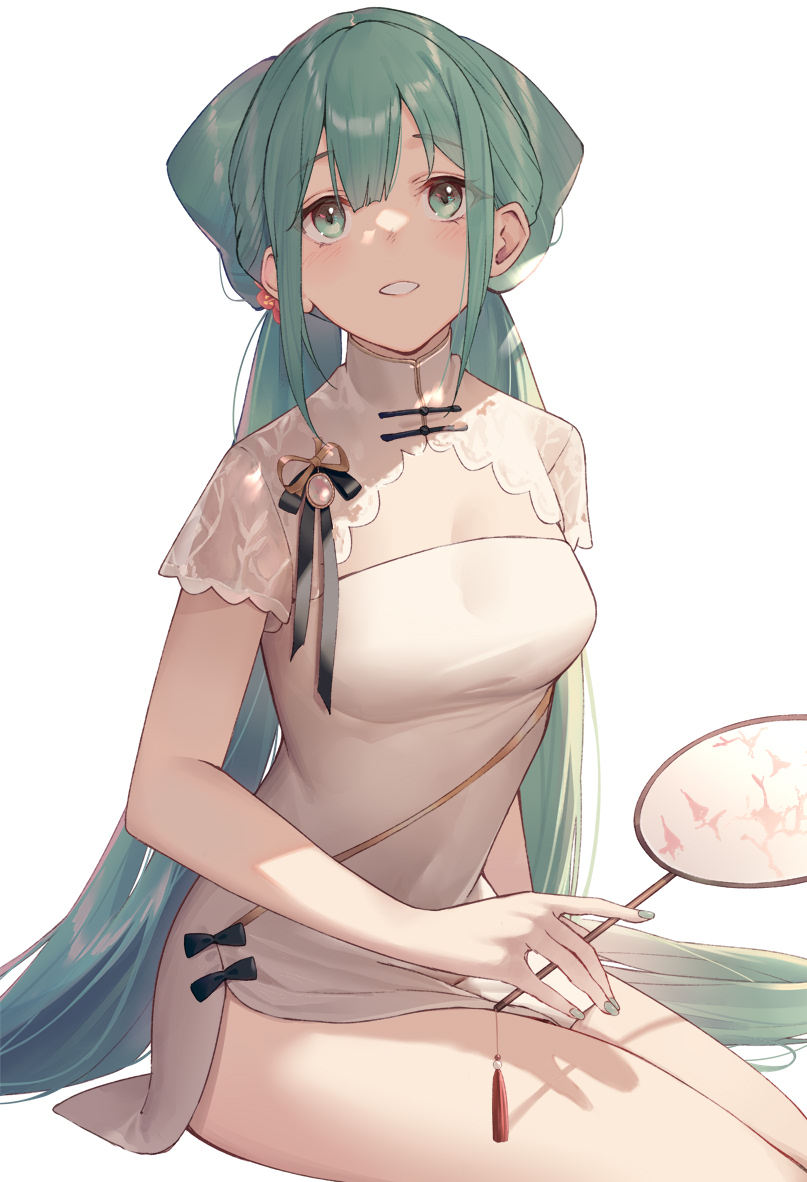 1girl alternate_costume alternate_hairstyle aqua_eyes aqua_hair arl black_ribbon breasts china_dress chinese_clothes cleavage_cutout clothing_cutout dress hand_fan hatsune_miku holding holding_fan long_hair looking_at_viewer medium_breasts ribbon short_sleeves simple_background sitting solo thighs very_long_hair vocaloid white_background white_dress