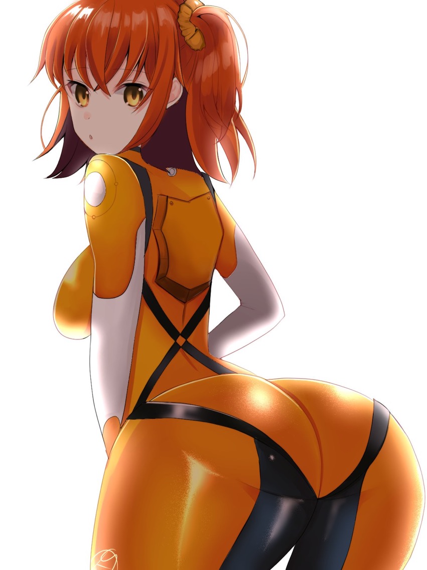 1girl ahoge arched_back ass bangs bodysuit breasts chaldea_combat_uniform fate/grand_order fate_(series) fujimaru_ritsuka_(female) hair_ornament hair_scrunchie kankitsu_kei looking_at_viewer looking_back medium_breasts one_side_up open_mouth orange_bodysuit orange_eyes orange_hair scrunchie short_hair solo thighs