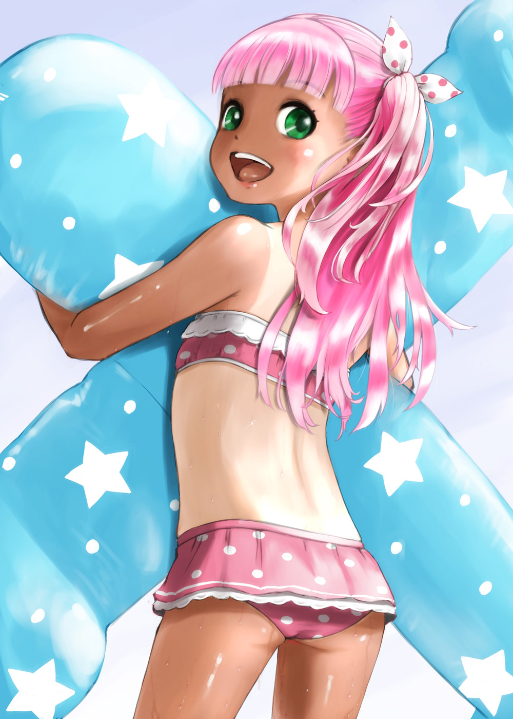 1girl aircraft airplane alternate_hair_color bangs bikini bikini_skirt blunt_bangs commentary_request cowboy_shot frilled_bikini frills from_behind green_eyes highres inflatable_toy kantai_collection long_hair looking_at_viewer maestrale_(kancolle) noroma one_side_up pink_bikini pink_hair polka_dot polka_dot_bikini solo swimsuit