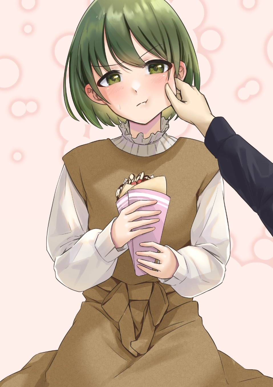 1girl 1other annoyed arms_up baggy_clothes bangs blush bob_cut bow brown_dress cheek_pinching collar crepe dark_green_hair dress dress_bow dress_shirt eating eyebrows_visible_through_hair food frilled_collar frilled_shirt frilled_shirt_collar frills green_eyes green_hair hand_on_another's_cheek hand_on_another's_face hands_up highres holding holding_food idolmaster idolmaster_shiny_colors kaiso_(kaisooekaki) long_sleeves nanakusa_nichika patterned_background pinching shirt short_hair simple_background sitting sweat sweatdrop sweets v_arms white_shirt