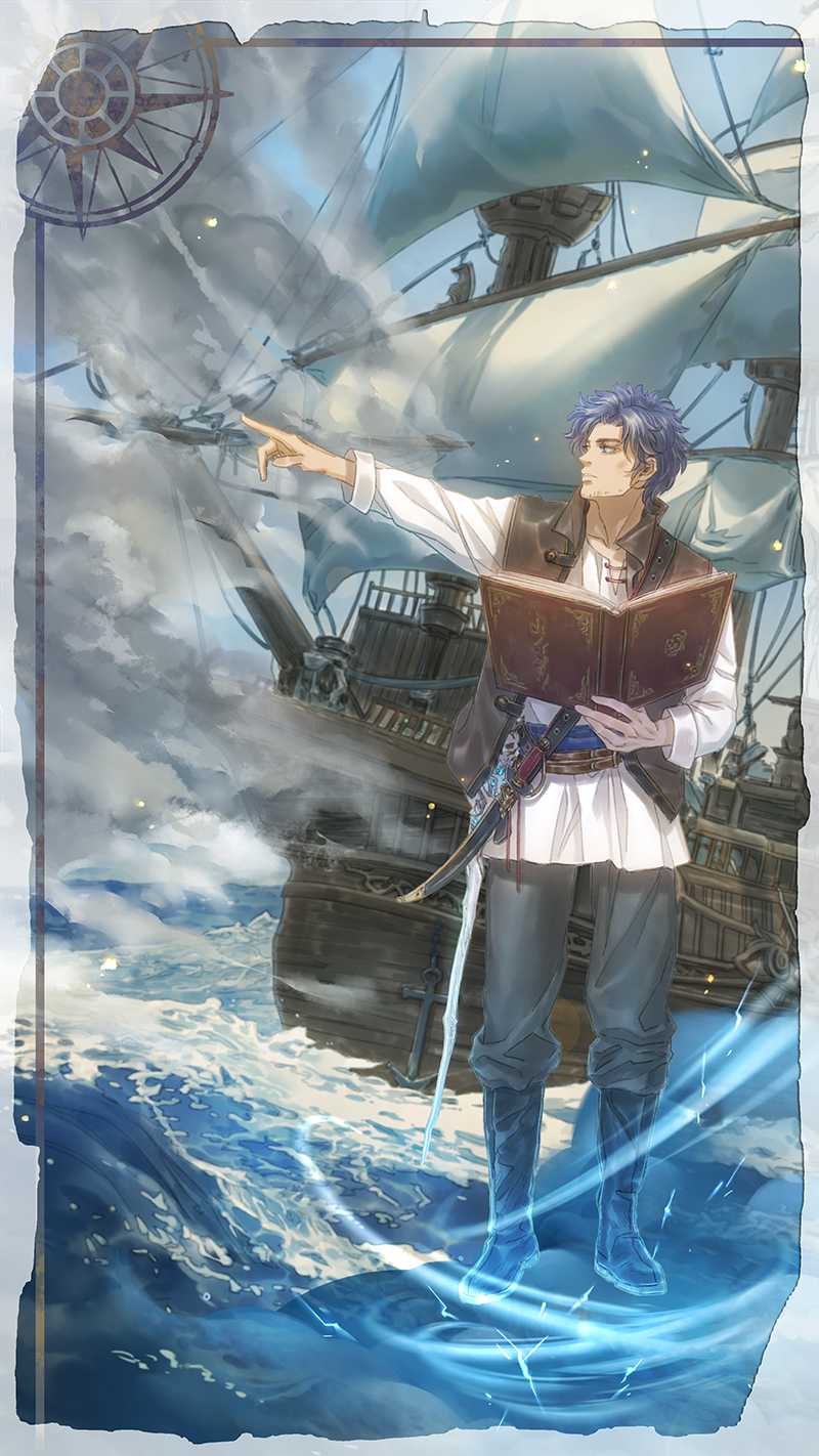 1boy alger_wilson beard belt black_footwear blue_eyes blue_hair blue_sky book chinese_commentary clouds commentary_request dagger facial_hair flying grey_pants highres holding holding_book knife kuidaidai long_sleeves looking_ahead lord_of_the_mysteries ocean open_book pants pointing ship shirt short_hair sky solo staff watercraft waves weapon white_shirt