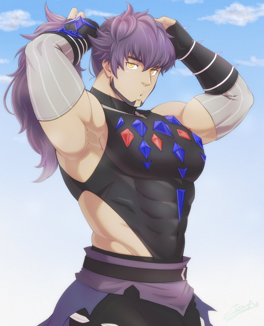 1boy adjusting_hair armpits arms_up bangs biceps black_gloves bodysuit clouds commentary_request covered_abs covered_navel day detached_sleeves diamond_(shape) fingerless_gloves gem gloves highres leon_(pokemon) long_hair looking_at_viewer male_focus muscular muscular_male official_alternate_costume outdoors pectorals pokemon pokemon_(game) pokemon_masters_ex ponytail porkjinta purple_hair ruby_(gemstone) sky solo waist_cape yellow_eyes