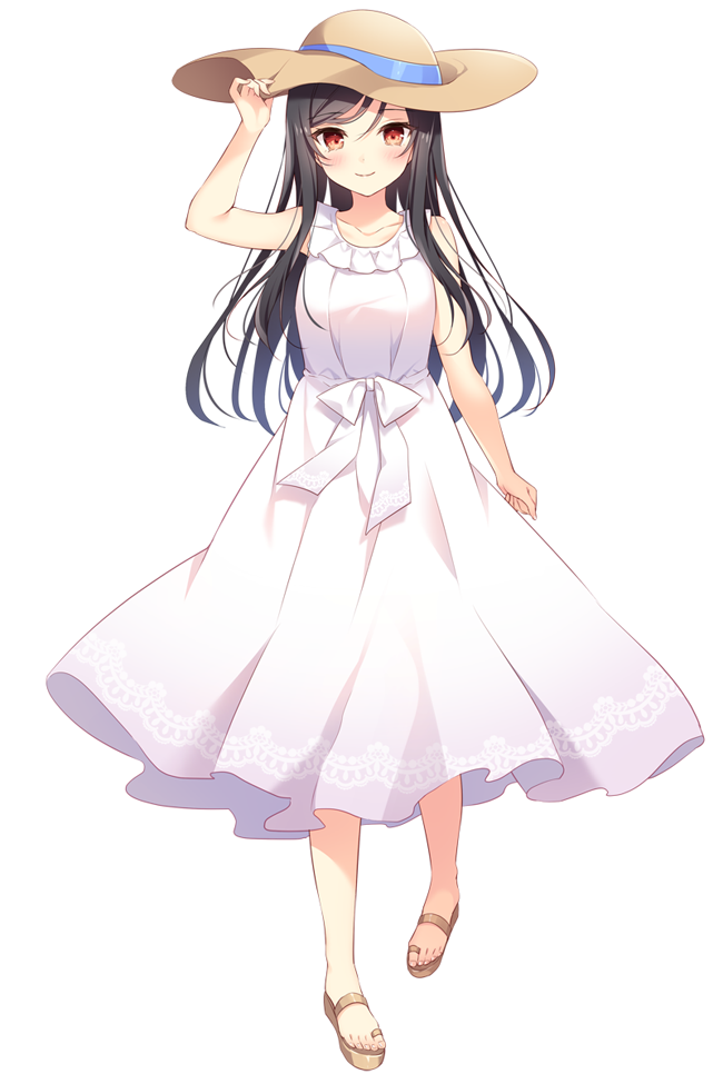 1girl arm_up bare_arms bare_shoulders black_hair breasts brown_eyes brown_footwear brown_headwear closed_mouth collarbone dress frilled_dress frills hand_on_headwear hat long_hair original sandals shikitani_asuka simple_background sleeveless sleeveless_dress small_breasts smile solo standing standing_on_one_leg sun_hat very_long_hair white_background white_dress