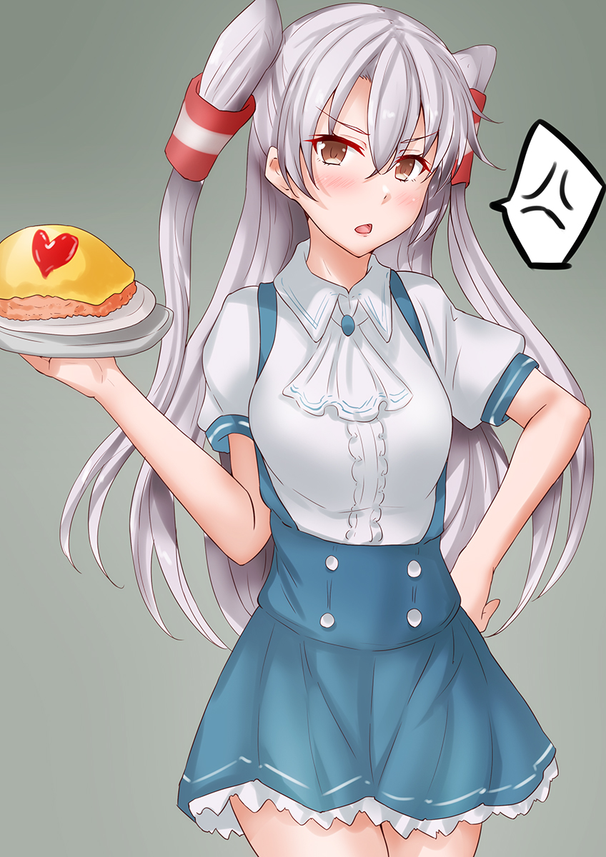 1girl amatsukaze_(kancolle) anti_(untea9) blue_skirt blush brown_eyes commentary_request eyebrows_visible_through_hair grey_background grey_hair hair_between_eyes hair_ornament highres holding kantai_collection ketchup long_hair looking_at_viewer omelet open_mouth plate rice shirt skirt solo two_side_up white_shirt