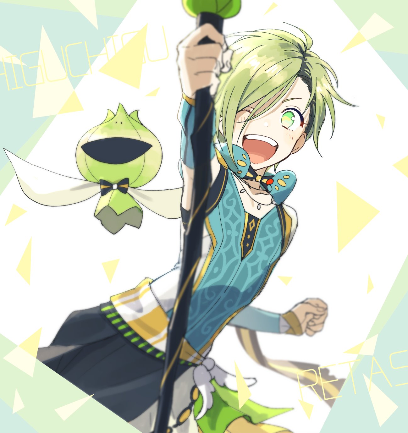 1boy bangs black_hair bow bowtie character_name cropped_legs detached_sleeves green_eyes green_hair highres holding holding_staff jewelry male_focus mascot multicolored_hair necklace one_eye_closed open_mouth original pillow_(nutsfool) simple_background staff teeth upper_teeth