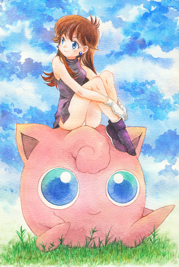 black_dress blue_eyes brown_hair dress earrings gloves grass green_(pokemon) ichiyo_(ichiyon) jewelry jigglypuff painting_(medium) panties pantyshot pokemon pokemon_(creature) pokemon_adventures smile traditional_media underwear watercolor_(medium) white_gloves