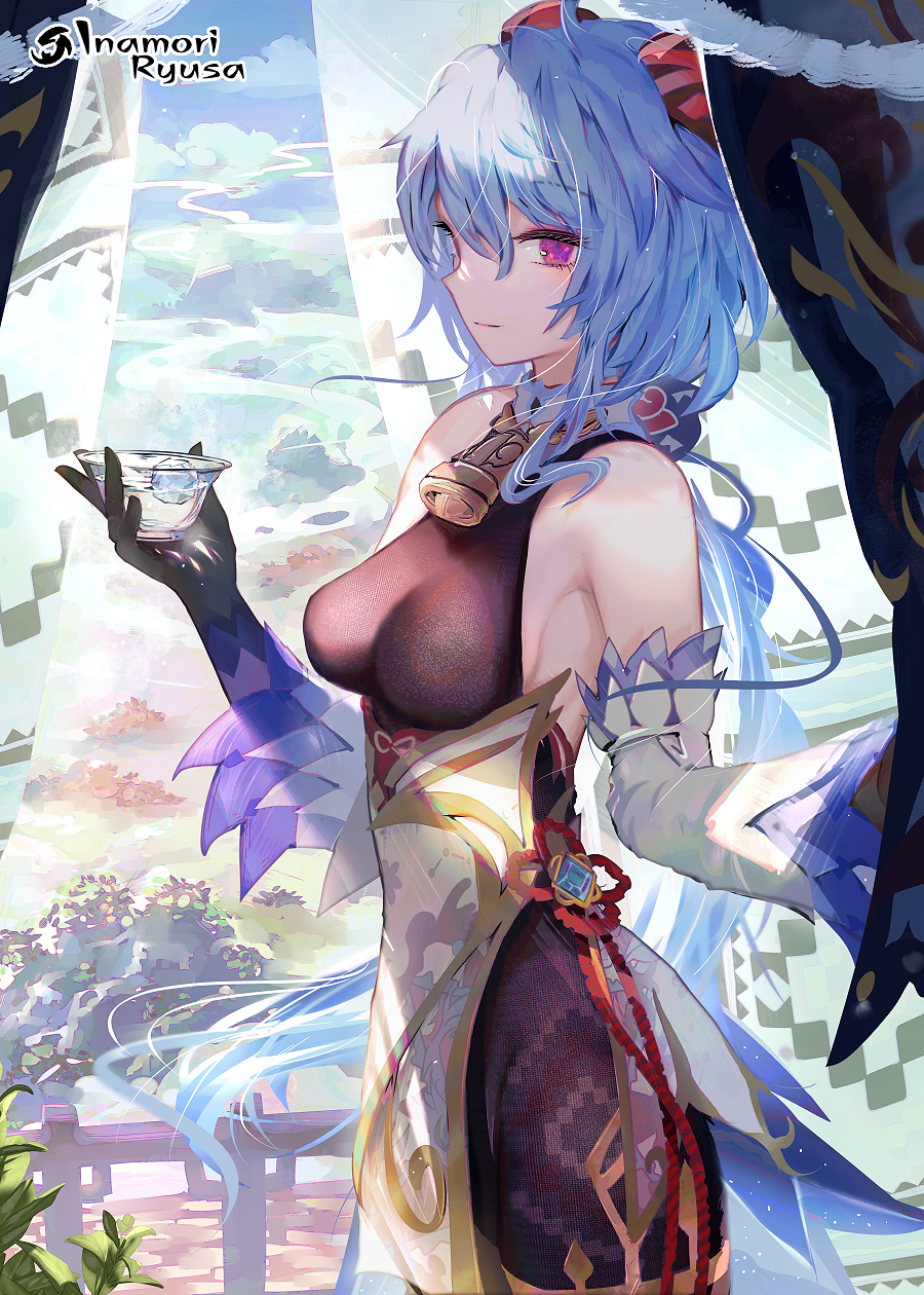 1girl bell black_gloves blue_hair bodysuit breasts closed_mouth cowbell cup detached_sleeves eyebrows_visible_through_hair ganyu_(genshin_impact) genshin_impact gloves goat_horns hair_between_eyes highres holding holding_cup horns inaeda_kei long_hair looking_at_viewer medium_breasts pink_eyes solo thighs