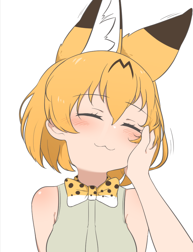 1girl :3 animal_ears bangs blonde_hair bow bowtie chis_(js60216) closed_mouth commentary eyebrows_visible_through_hair facing_viewer hand_on_another's_face head_tilt kemono_friends motion_lines pov print_neckwear serval_(kemono_friends) serval_print shirt short_hair simple_background sleeveless sleeveless_shirt smile textless white_background white_shirt yellow_neckwear